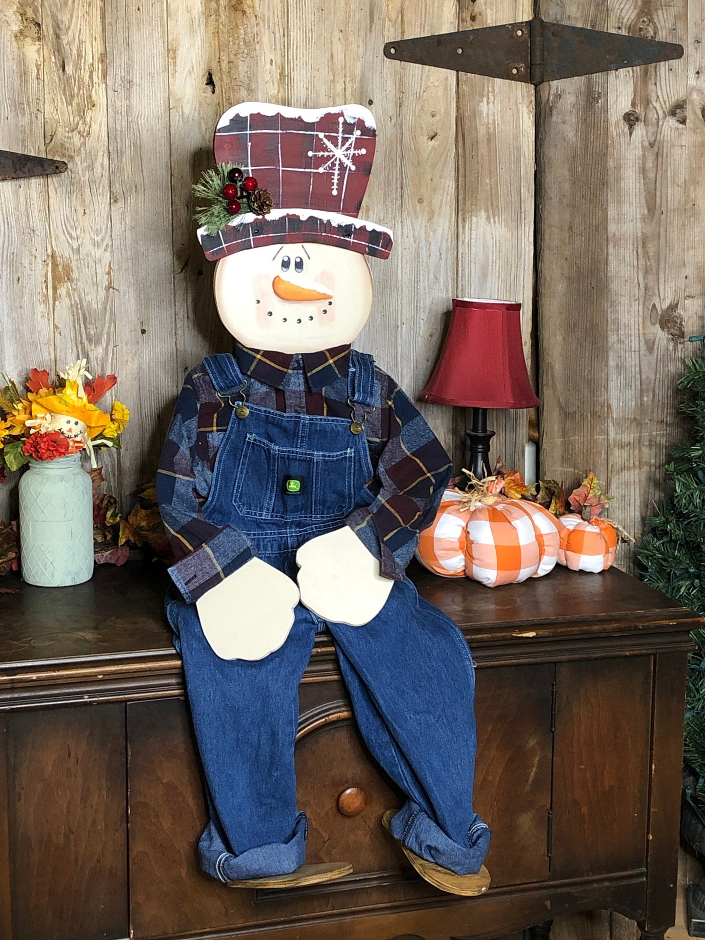 Sitting Snowman Wooden Winter Porch Sitter Home Decor Decorating Outdoor Christmas Porch Decor Christmas Decor