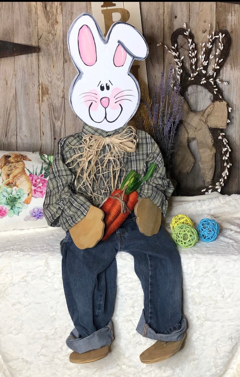 Spring porch bunny porch decor posable Sitting Bunny Wooden Easter Porch Sitter Home Decor Decorating Outdoor Easter Porch Decor Easter