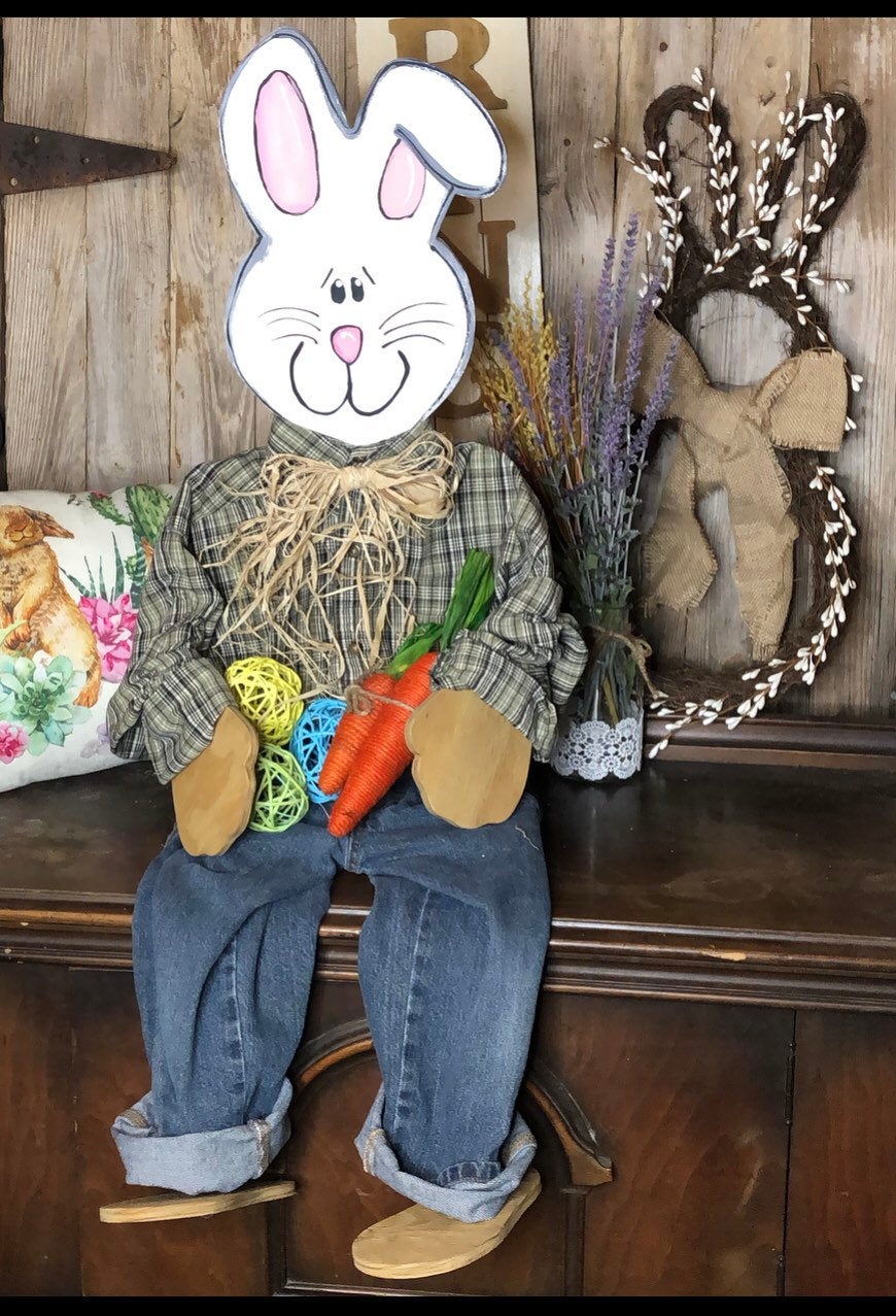Spring porch bunny porch decor posable Sitting Bunny Wooden Easter Porch Sitter Home Decor Decorating Outdoor Easter Porch Decor Easter