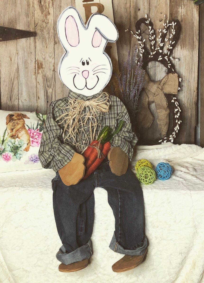 Spring porch bunny porch decor posable Sitting Bunny Wooden Easter Porch Sitter Home Decor Decorating Outdoor Easter Porch Decor Easter