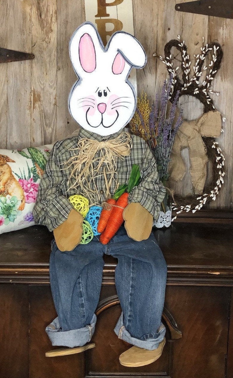 Spring porch bunny porch decor posable Sitting Bunny Wooden Easter Porch Sitter Home Decor Decorating Outdoor Easter Porch Decor Easter
