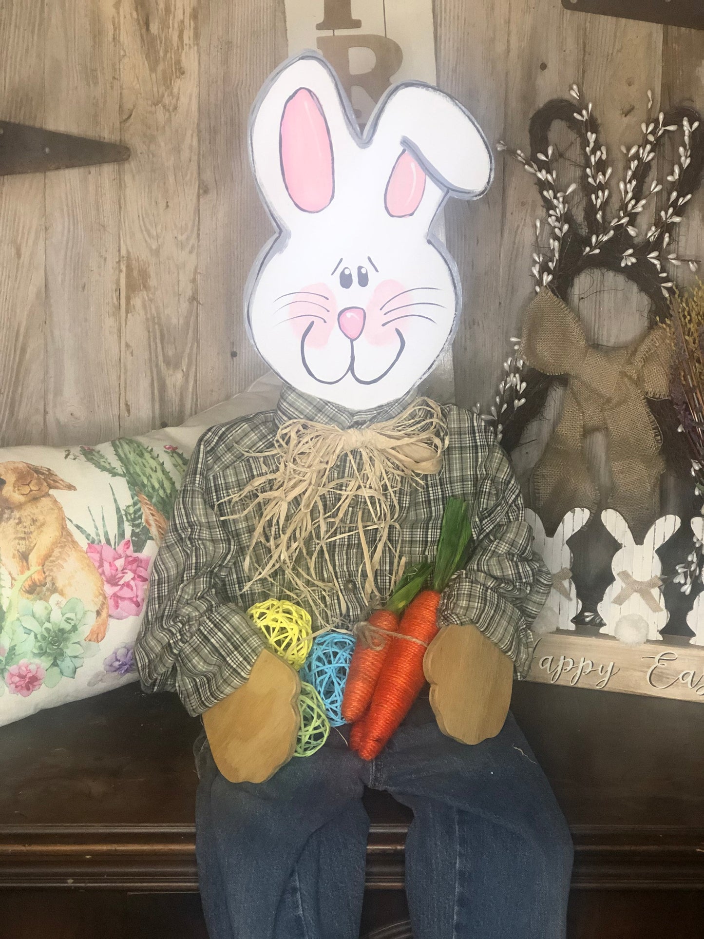 Spring porch bunny porch decor posable Sitting Bunny Wooden Easter Porch Sitter Home Decor Decorating Outdoor Easter Porch Decor Easter