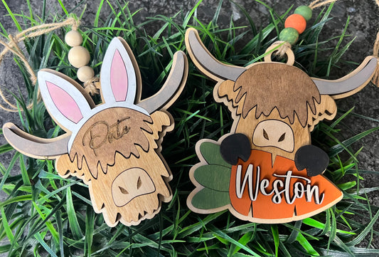 Highland cow Easter basket tag, Gift tag, personalized Easter gifts, Bunny tags, Bunny cutout, Custom Bunny Tag